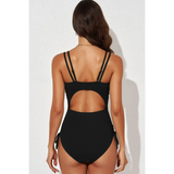 Beach Babes black plunge neck swimwear for women with adjustable double straps and back cutout detail