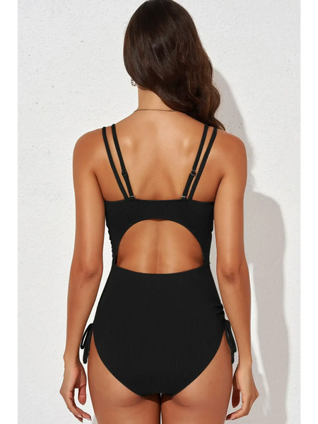 Beach Babes black plunge neck swimwear for women with adjustable double straps and back cutout detail