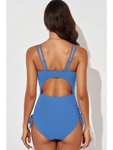 Beach Babes blue swimsuit with double straps and cutout back plunge neck swimwear for women