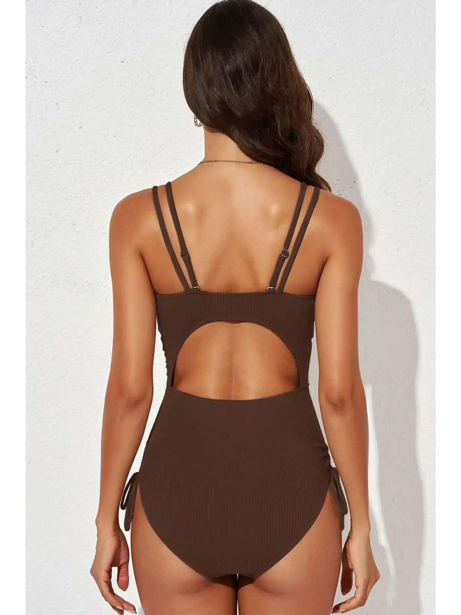Back view of Beach Babes brown swimsuit with double straps and cutout detail plunge neck swimwear for women