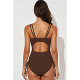 Back view of Beach Babes brown swimsuit with double straps and cutout detail plunge neck swimwear for women