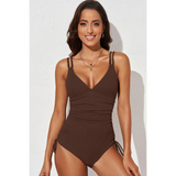 Beach Babes brown one-piece plunge neck swimwear for women with double shoulder straps