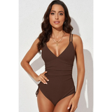 Beach Babes brown one-piece plunge neck swimwear for women with double shoulder straps on 