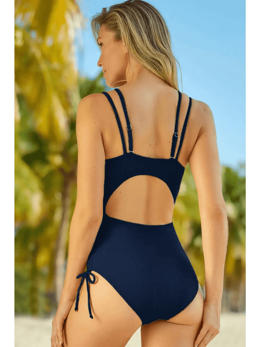 Beach Babes navy blue plunge neck swimwear for women with double straps and open back design