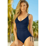 Beach Babes navy one-piece plunge neck swimwear for women with double shoulder straps and side ties