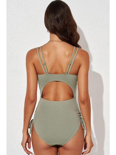 Beach Babes olive green swimsuit with cutout back and adjustable straps plunge neck swimwear for women