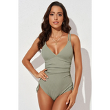 Beach Babes olive green plunge neck swimwear for women with ruched sides and adjustable straps