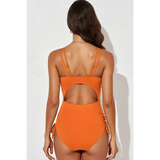 Beach Babes orange one-piece plunge neck swimwear for women with double shoulder straps and back cutout