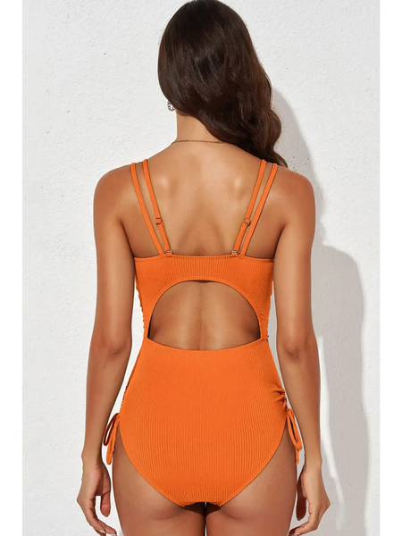 Beach Babes orange one-piece plunge neck swimwear for women with double shoulder straps and back cutout