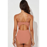 Beach Babes ribbed one-piece swimsuit featuring adjustable straps and cutout back plunge neck swimwear for women