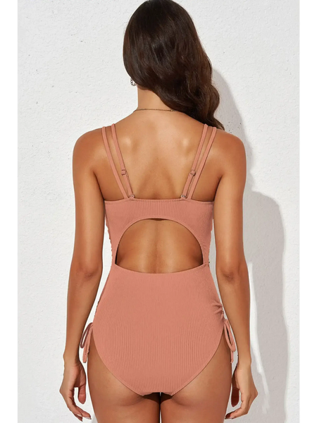 Beach Babes ribbed one-piece swimsuit featuring adjustable straps and cutout back plunge neck swimwear for women
