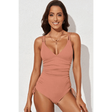 Beach Babes plunge neck swimwear for women in a ribbed terracotta one-piece swimsuit with adjustable straps