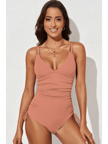 Beach Babes plunge neck swimwear for women in a ribbed terracotta one-piece swimsuit with adjustable straps