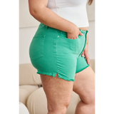 Trendsi green tummy control denim shorts with frayed hem and front zipper pocket detail