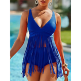 Beach Babes plus size fringe swim dress in vibrant blue with deep V neckline and long fringe detailing