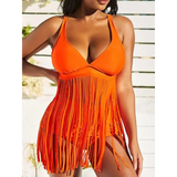 Beach Babes bright orange plus size fringe swim dress with deep neckline and adjustable straps