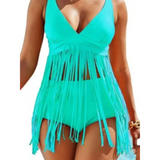 Beach Babes plus size fringe swim dress in turquoise with deep V neckline and long fringe detailing