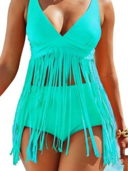 Beach Babes plus size fringe swim dress in turquoise with deep V neckline and long fringe detailing