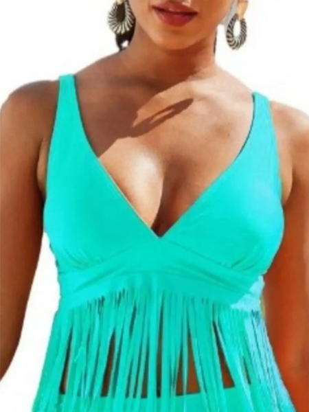 Turquoise Beach Babes plus size fringe swim dress with deep V neckline and sleeveless design