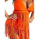 Beach Babes plus size fringe swim dress in vibrant orange with deep V neckline and long fringe details