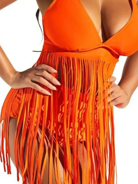 Beach Babes plus size fringe swim dress in vibrant orange with deep V neckline and long fringe details