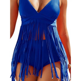 Beach Babes blue plus size fringe swim dress with deep V neckline and long fringe detailing