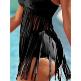 Beach Babes plus size fringe swim dress in black with long fringes over swimsuit bottom