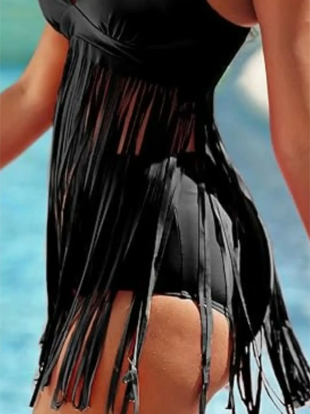 Beach Babes plus size fringe swim dress in black with long fringes over swimsuit bottom