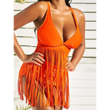 Beach Babes plus size fringe swim dress in bright orange with deep neckline and long fringe details