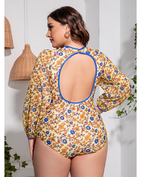 Beach Babes plus size one piece swimsuit with sleeves featuring a floral pattern and open back design