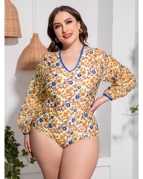 Beach Babes plus size one piece swimsuit with sleeves in floral print and blue trim