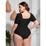 Beach Babes plus size swimsuit with sleeves in black featuring short sleeves and a square back design