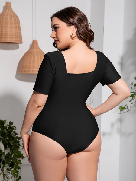 Beach Babes plus size swimsuit with sleeves in black featuring short sleeves and a square back design