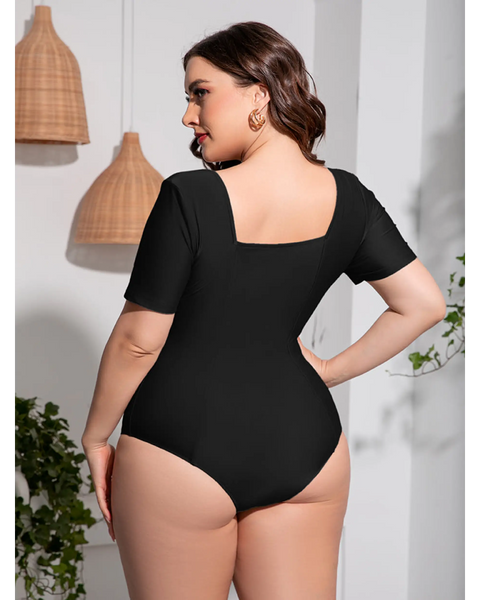 Beach Babes plus size swimsuit with sleeves in black featuring short sleeves and a square back design