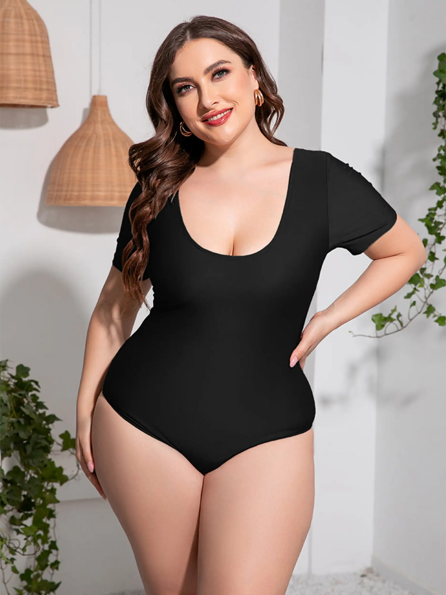 Beach Babes plus size swimsuit with sleeves in black featuring a scoop neckline and short sleeves front view