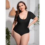 Beach Babes plus size swimsuit with sleeves in black featuring a scoop neckline and short sleeves front view