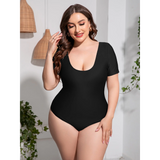 Beach Babes plus size swimsuit with sleeves in black featuring a scoop neckline and short sleeves1