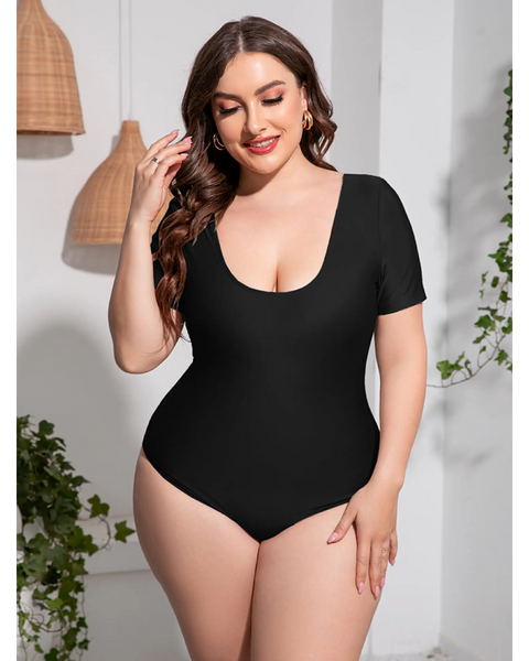Beach Babes plus size swimsuit with sleeves in black featuring a scoop neckline and short sleeves1