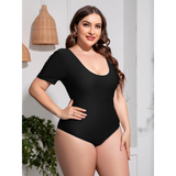 Beach Babes plus size swimsuit with sleeves in black featuring a scoop neckline and short sleeves side view
