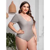 Beach Babes plus size swimsuit with sleeves in gray featuring a scoop neckline and short sleeves grey side view