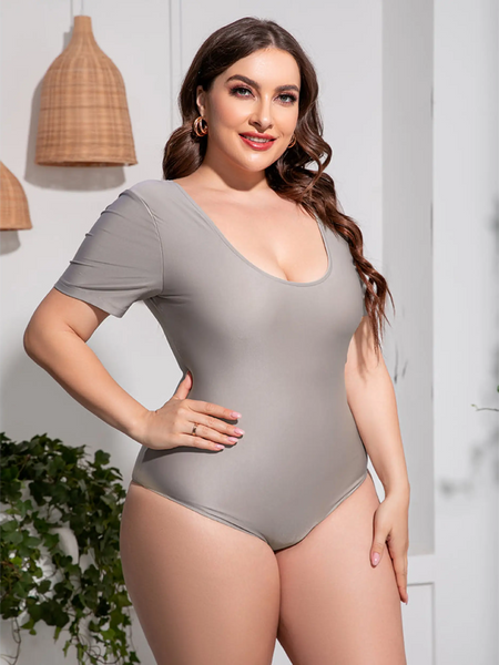 Beach Babes plus size swimsuit with sleeves in gray featuring a scoop neckline and short sleeves grey side view