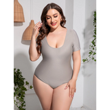 Beach Babes plus size swimsuit with sleeves in gray featuring a scoop neckline and short sleeves nude champagne 