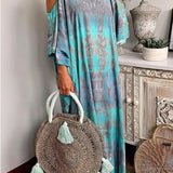 Trendsi plus size tie dye maxi dress in blue and gray with cold shoulder design and round rattan tassel bag