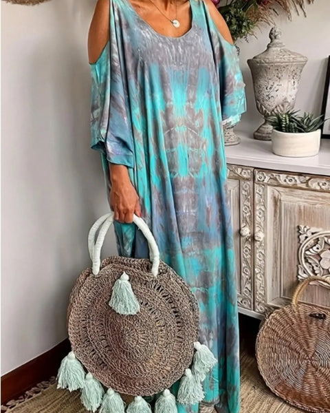 Trendsi plus size tie dye maxi dress in blue and gray with cold shoulder design and round rattan tassel bag