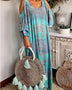 Trendsi plus size tie dye maxi dress in blue and gray with cold shoulder design and round rattan tassel bag