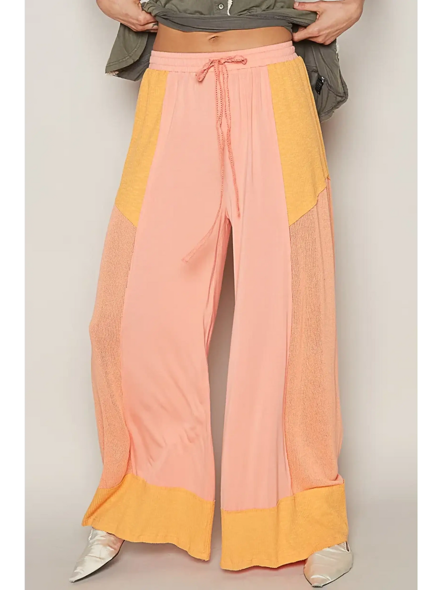 Watermelon Pink Wide Leg Beach Pants by Trendsi with yellow color block and drawstring waist