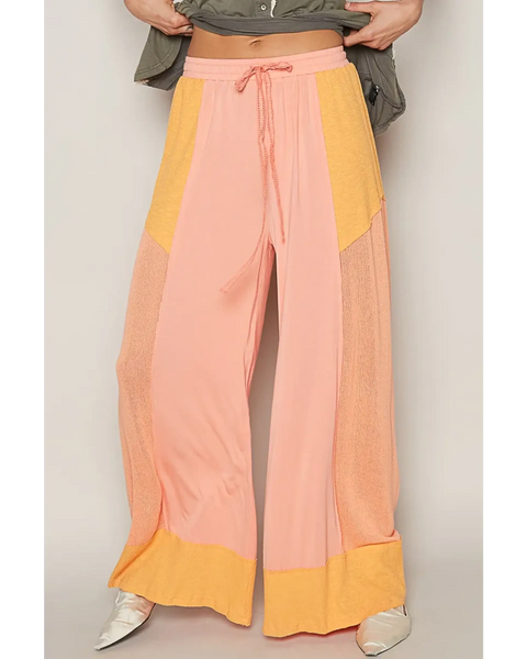 Watermelon Pink Wide Leg Beach Pants by Trendsi with yellow color block and drawstring waist