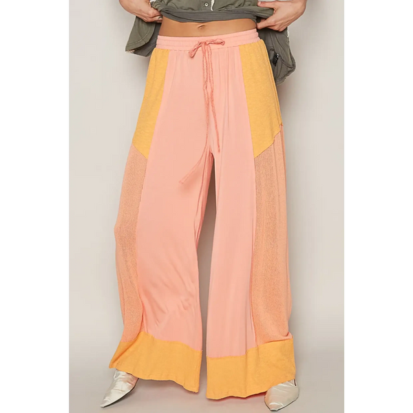 Watermelon Pink Wide Leg Beach Pants by Trendsi with yellow color block and drawstring waist