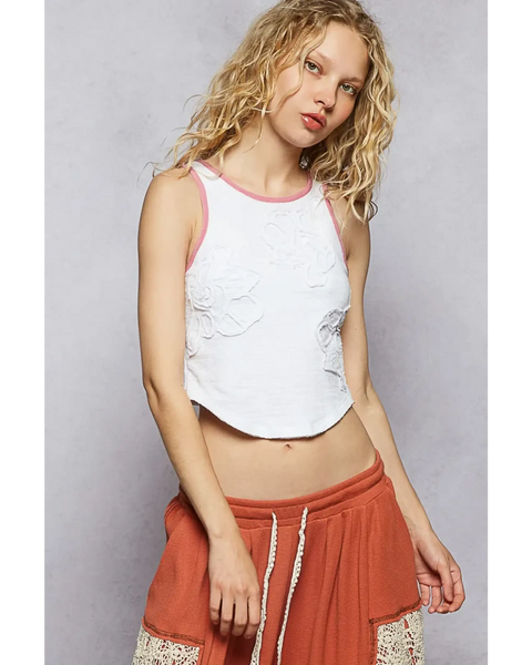 Trendsi white tank top with pink trim sleeveless top worn by model with casual pants