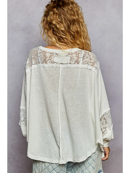 Trendsi long sleeve lace v-neck beach top in white with lace detailing on back and sleeves